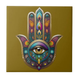 Pauw Kleuren Hamsa met Gouden Derde Oog Tegeltje
