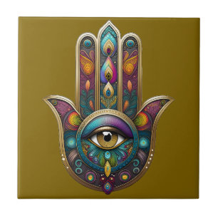 Pauw Kleuren Hamsa met Gouden Derde Oog Tegeltje