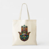 Pauw Kleuren Hamsa met Gouden Derde Oog Tote Bag (Achterkant)