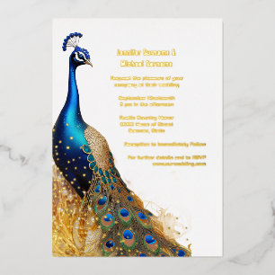 Pauw luxe goud blauw smaragd groen echt folie uitnodiging