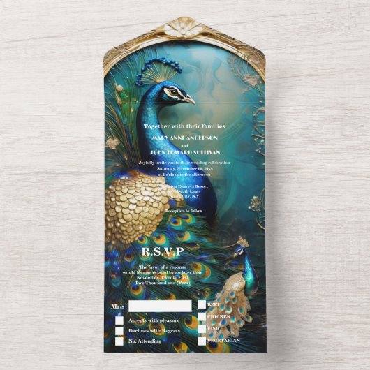 pauw luxueuze art nouveau siervogel all in one uitnodiging (Binnen)