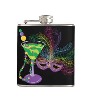 Pauw masker en Martini Mardi Gras Heupfles