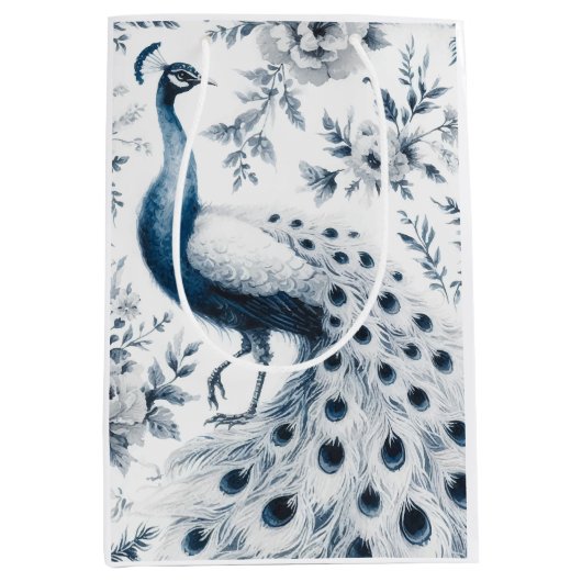 Pauw met bloemen blauwe cadeautas (Voorkant)