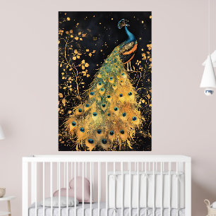 pauw met levendig blauwe en gouden veren poster