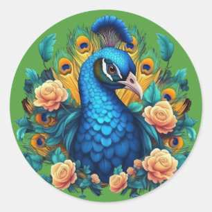 Pauw Met Perzikrozen Ronde Sticker