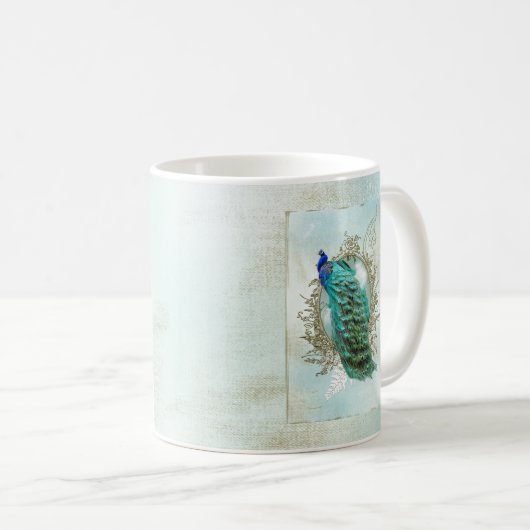 pauw mooie turkooise shabbyvogel koffiemok (Voorkant rechts)
