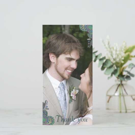 Pauw Ogen Paisley Trouw Dank Je Foto Kaarten (Staand voorkant)