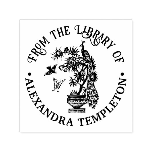 Pauw op Plant Vlinder Vogel Bibliotheek Boeknaam Zelfinktende Stempel (Design)