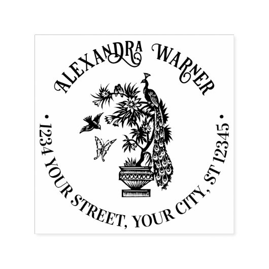 Pauw op Plant Vlinder Vogel Naam Adres Zelfinktende Stempel (Design)