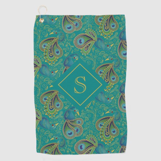 Pauw Paisley Koninklijk Teal Monogram Golfhanddoek (Voorkant)