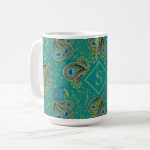 Pauw Paisley Koninklijk Teal Monogram Koffiemok