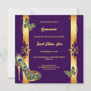 Pauw Quinceañera goud paars glamour veren Feestdagenkaart