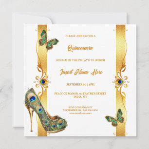 Pauw Quinceañera goud witte glamour veren Feestdagenkaart