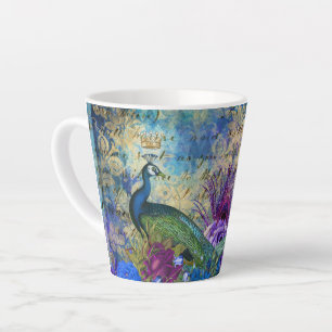 Pauw Trendy Blauwe Vogelveer Bloemen Latte Mok
