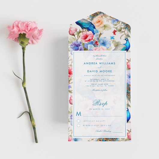 Pauw Tuin Antiek Blauw Bloemen Huwelijk All In One Uitnodiging