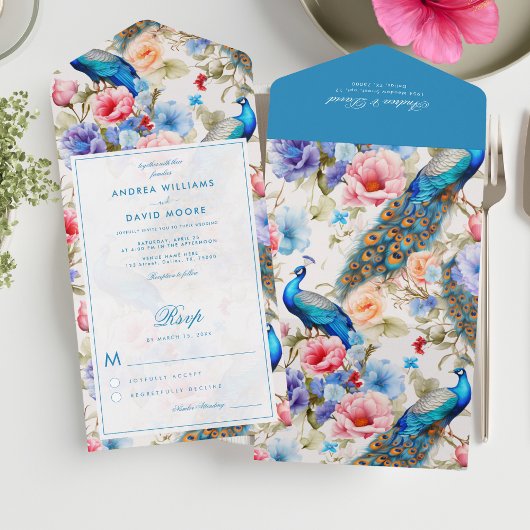 Pauw Tuin Antiek Blauw Bloemen Huwelijk All In One Uitnodiging