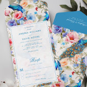 Pauw Tuin Antiek Blauw Bloemen Huwelijk All In One Uitnodiging