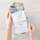 Pauw Tuin Antiek Blauw Bloemen Huwelijk All In One Uitnodiging (Afscheurbaar)