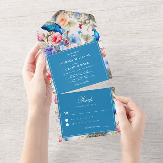 Pauw Tuin Blauw Antiek Bloemen Huwelijk All In One Uitnodiging (Afscheurbaar)