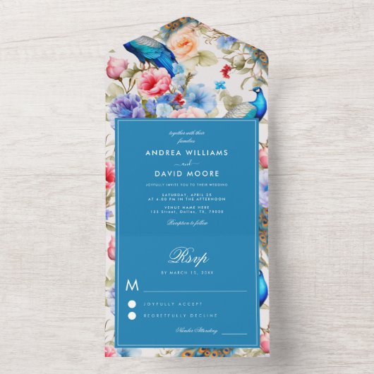 Pauw Tuin Blauw Antiek Bloemen Huwelijk All In One Uitnodiging (Binnen)