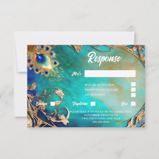 Pauw veer blauw goud gemarmerde achtergrond RSVP kaartje (Voorkant)