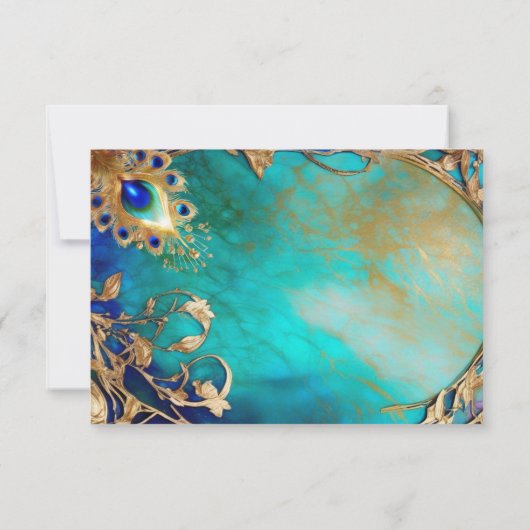 Pauw veer blauw goud gemarmerde achtergrond RSVP kaartje (Achterkant)