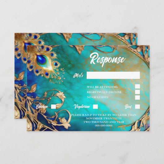 Pauw veer blauw goud gemarmerde achtergrond RSVP kaartje (Voorkant / Achterkant)