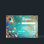 Pauw veer blauw goud gemarmerde achtergrond RSVP kaartje<br><div class="desc">Stel tegen een donkere; lichte en blauwgroen blauwe achtergrond is een pauwenveer en 3D uitziende twijgwervels. De veer lijkt te glinsteren en te glanzen en de bewerkbare witte sjablonen rechts van de veren pluim kan worden gepersonaliseerd om aan uw eisen te voldoen. Dit luxueuze en elegante ontwerp is ideaal voor...</div>