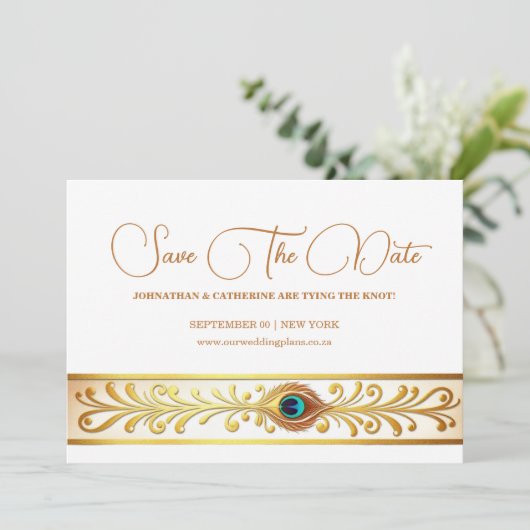 Pauw veer bruiloft bloeien vogel thema opslaan kaart (Staand voorkant)