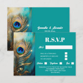 Pauw veer gemarmerd blauwgroen achtergrond luxe RSVP kaartje (Voorkant / Achterkant)