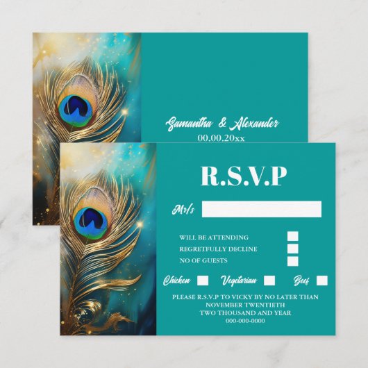 Pauw veer gemarmerd blauwgroen achtergrond luxe RSVP kaartje (Voorkant / Achterkant)