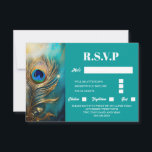 Pauw veer gemarmerd blauwgroen achtergrond luxe RSVP kaartje<br><div class="desc">Tegen een effen blauwgroen blauwe achtergrond is een enkele pauwenveer geplaatst die lijkt te schitteren en te schitteren. De pruim knuffelt de linkerrand van de kaart en heeft bewerkbare witte sjablonen aan de rechterkant, die kunnen worden aangepast aan uw behoeften. Dit luxueuze en elegante ontwerp is ideaal voor een vrijgezellenfeest...</div>