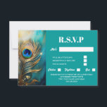 Pauw veer gemarmerd blauwgroen achtergrond luxe RSVP kaartje<br><div class="desc">Tegen een effen blauwgroen blauwe achtergrond is een enkele pauwenveer geplaatst die lijkt te schitteren en te schitteren. De pruim knuffelt de linkerrand van de kaart en heeft bewerkbare witte sjablonen aan de rechterkant, die kunnen worden aangepast aan uw behoeften. Dit luxueuze en elegante ontwerp is ideaal voor een vrijgezellenfeest...</div>