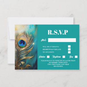 Pauw veer gemarmerd blauwgroen achtergrond luxe RSVP kaartje