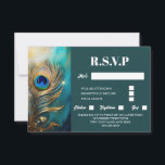 Pauw veer gemarmerd donker blauwgroen luxe elegant RSVP kaartje<br><div class="desc">Tegen een effen donkerblauwe blauwgroen achtergrond is een enkele pauwenveer geplaatst die lijkt te schitteren en te schitteren. De pruim knuffelt de linkerrand van de kaart en heeft bewerkbare witte sjablonen aan de rechterkant, die kunnen worden aangepast aan uw behoeften. Dit luxueuze en elegante ontwerp is ideaal voor een vrijgezellenfeest...</div>