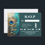 Pauw veer gemarmerd donker blauwgroen luxe elegant RSVP kaartje<br><div class="desc">Tegen een effen donkerblauwe blauwgroen achtergrond is een enkele pauwenveer geplaatst die lijkt te schitteren en te schitteren. De pruim knuffelt de linkerrand van de kaart en heeft bewerkbare witte sjablonen aan de rechterkant, die kunnen worden aangepast aan uw behoeften. Dit luxueuze en elegante ontwerp is ideaal voor een vrijgezellenfeest...</div>