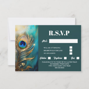 Pauw veer gemarmerd donker blauwgroen luxe elegant RSVP kaartje