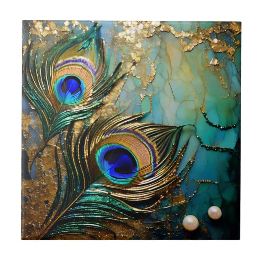 Pauw veer rozetten gemarmerde parel faux folie tegeltje (Voorkant)