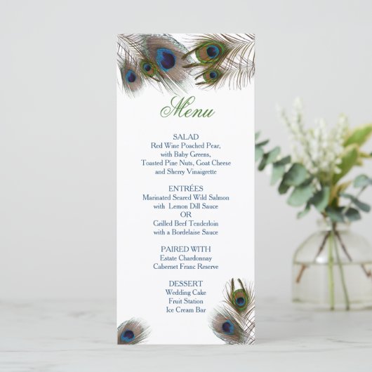 Pauw veren, aangepaste bruiloft menu (Staand voorkant)
