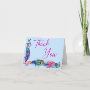 Pauw veren & bloemen Quinceañera Baby Blauw Bedankkaart