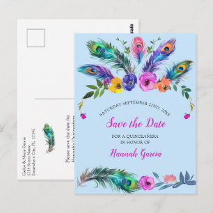 Pauw veren & bloemen Quinceañera Baby Blauw Briefkaart