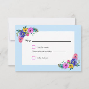 Pauw veren & bloemen Quinceañera Baby Blauw RSVP Kaartje