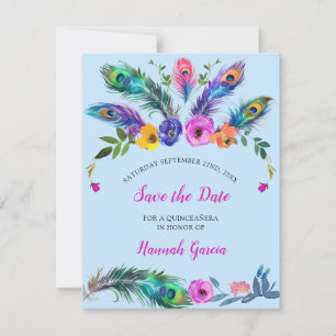 Pauw veren & bloemen Quinceañera Baby Blauw Save The Date