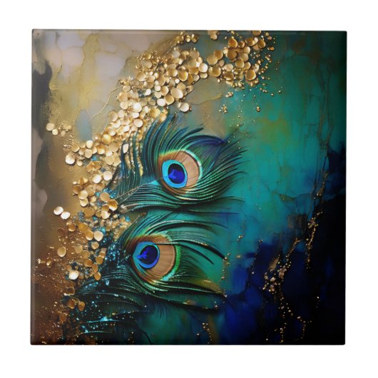 Pauw veren gouden folie splash gemarmerde wand tegeltje (Voorkant)