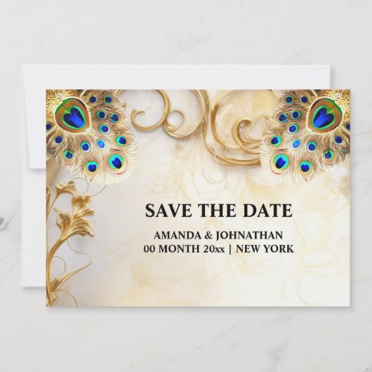 Pauw veren luxe natuur vogelverenkleed 5x7 save the date (Voorkant)