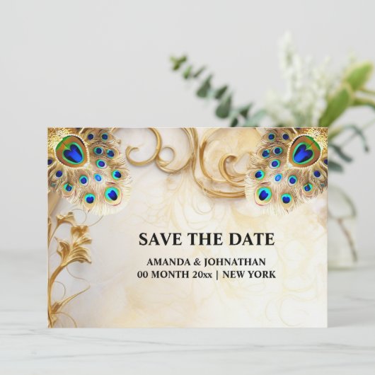 Pauw veren luxe natuur vogelverenkleed 5x7 save the date (Staand voorkant)