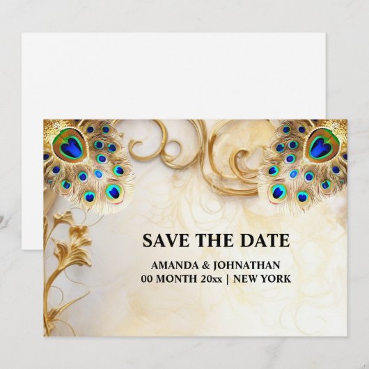 Pauw veren luxe natuur vogelverenkleed 5x7 save the date (Voorkant / Achterkant)