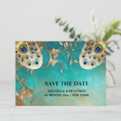 Pauw veren luxe natuur vogelverenkleed blauw save the date (Staand voorkant)