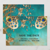 Pauw veren luxe natuur vogelverenkleed blauw save the date (Voorkant / Achterkant)