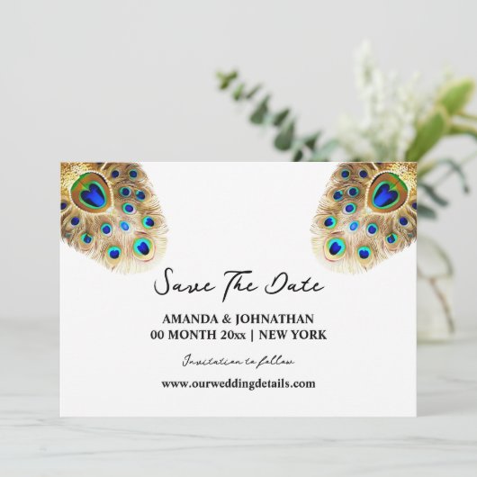 Pauw veren luxe vogel witgouden natuur save the date (Staand voorkant)